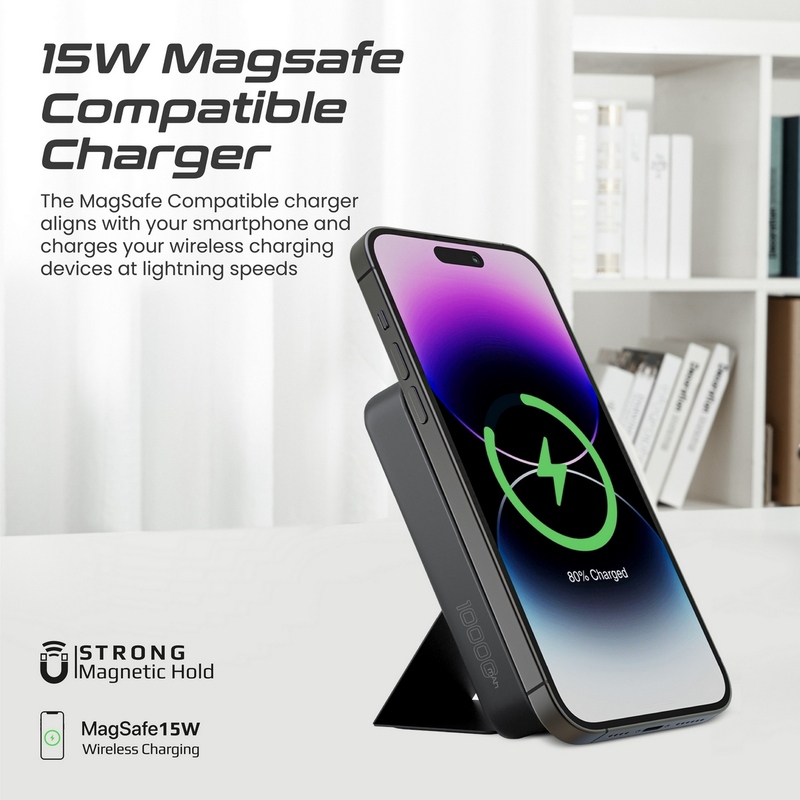 Promate Wireless Power Bank, 3-in-1 10000mAh Portable Charger with 15W MagSafe Wireless Charger, 2.5W Apple Watch Charger and 20W USB-C Power Delivery for iPhone 14, Apple Watch 8, Galaxy S23